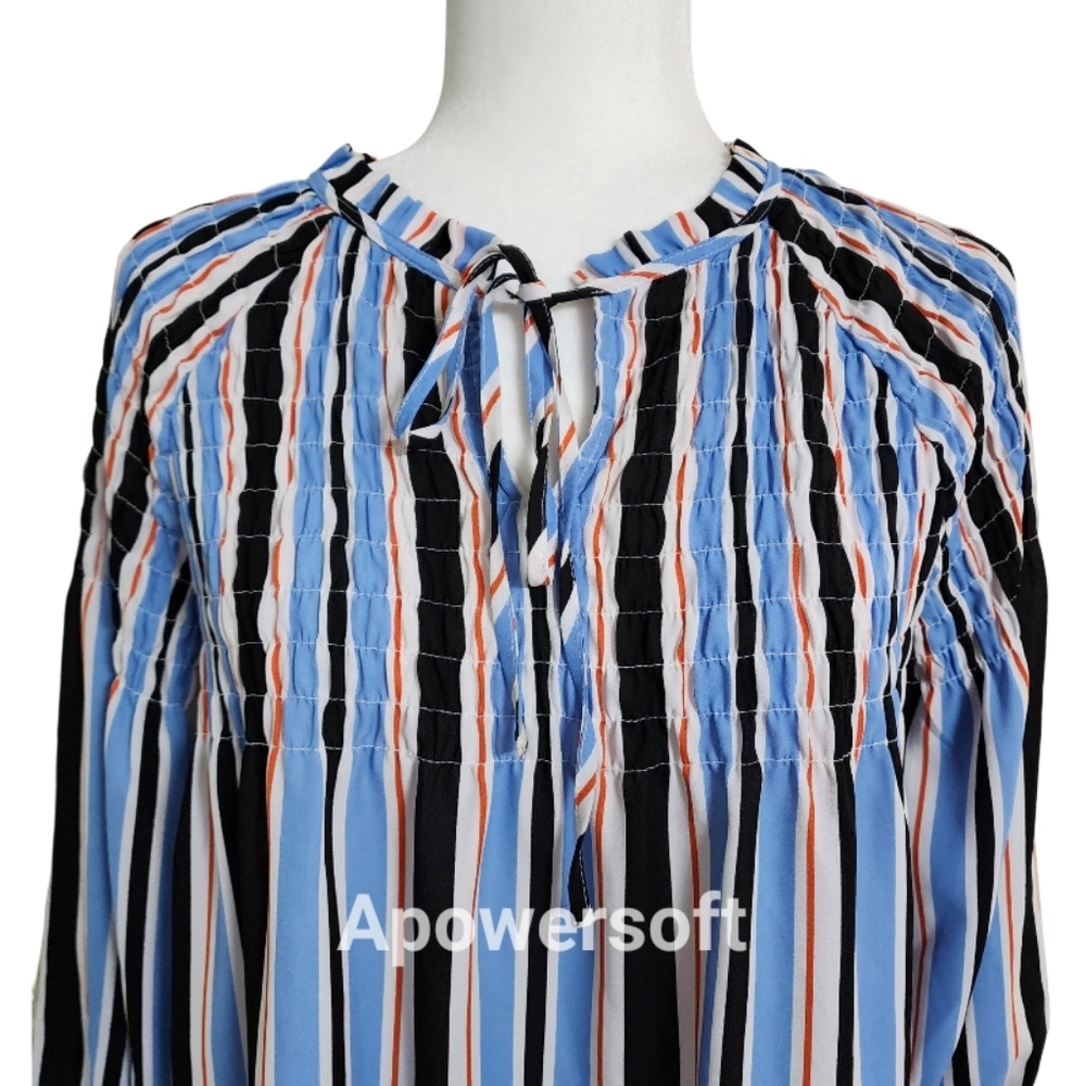 A.N.A Blue Black Orange White Striped Peasant Top with Peasant Sleeves - Picture 3 of 7